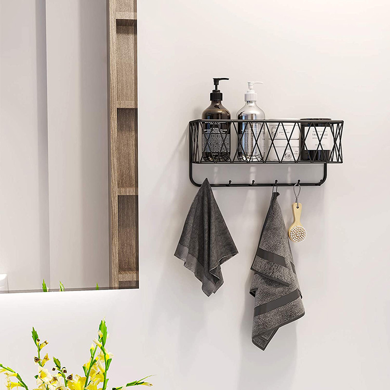 Hot sale Customized Hook Wall Mounted Matte Black Metal Wire Mesh Storage Basket Storage Rack