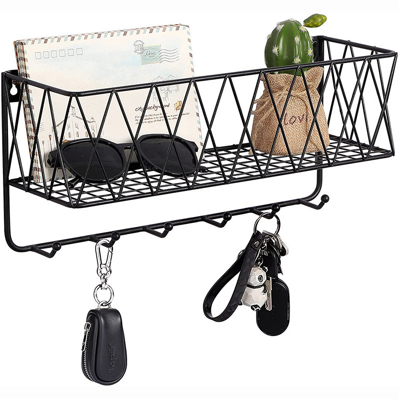 Hot sale Customized Hook Wall Mounted Matte Black Metal Wire Mesh Storage Basket Storage Rack