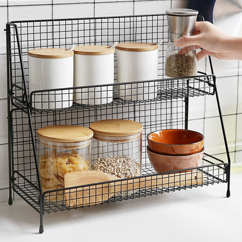 Stand Storage Kitchen Collapsible Low Multi Functional Iron Spice Shelf 2 Layer Metal Basket Syrup Wire Rack With Jar