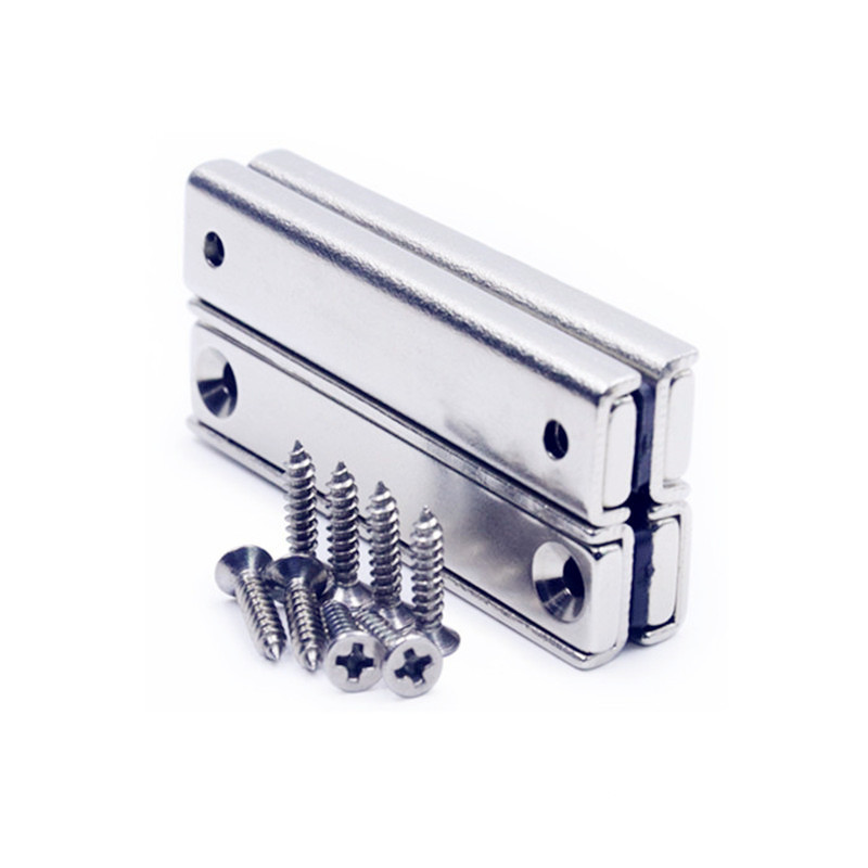 Strong Neodymium Rectangular Pot Magnets with Counter Bore, Countersunk Hole Magnets with Mounting Screws - 60x13.5x5mm