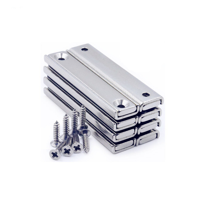 Strong Neodymium Rectangular Pot Magnets with Counter Bore, Countersunk Hole Magnets with Mounting Screws - 60x13.5x5mm