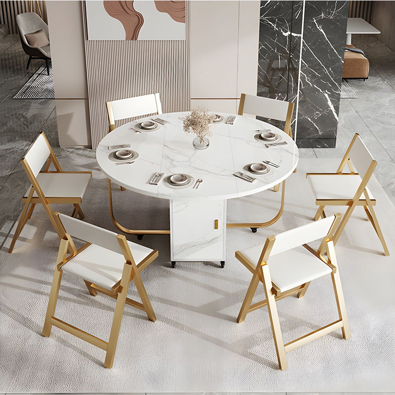 China Made Extendable Modern Round Space Saving White Gold Foldable Furniture Turkish Folding Dining Table and Chairs Set