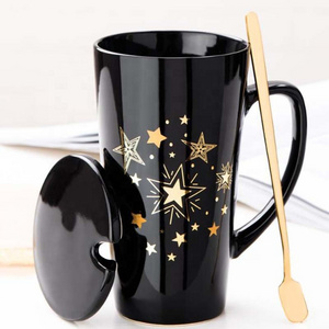 500ml tall V shape gold printing drink coffee ceramic cups with lid spoon