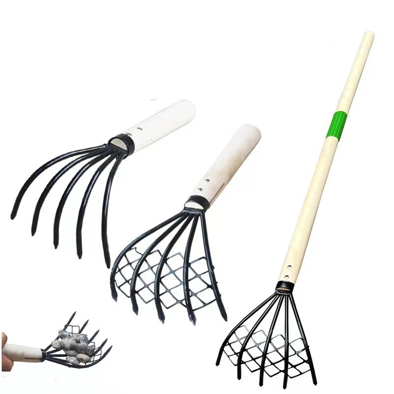 5T carbon steel with mesh net rake for clam wooden handle beach tools rake