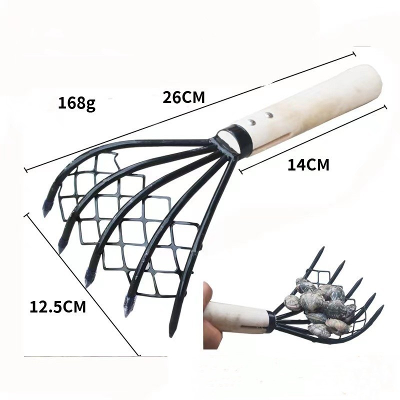 5T carbon steel with mesh net rake for clam wooden handle beach tools rake