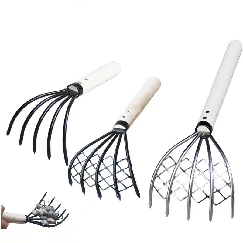 5T carbon steel with mesh net rake for clam wooden handle beach tools rake