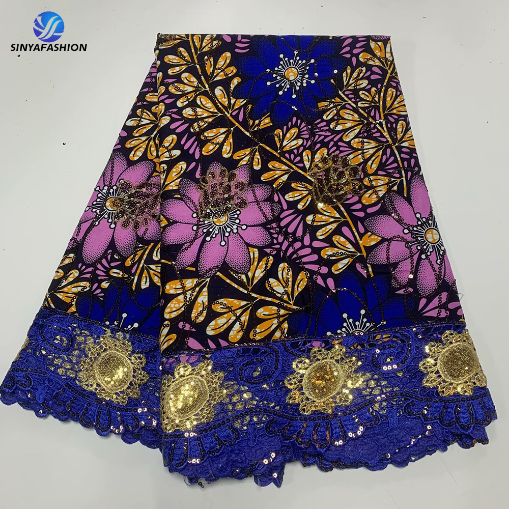 High Quality Ankara African Wax Sequins Lace Fabric Beautiful Women Party Cotton Lace Wax Stick Embroidered Fabric