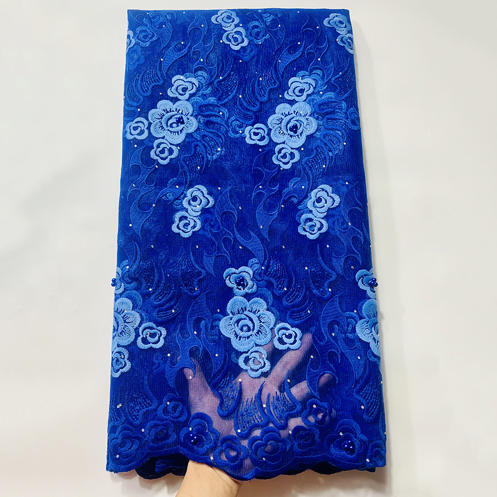 Royal Blue Embroidery Chemical French African Lace Fabrics with Stones Nigerian Tulle Swiss Laces Mesh Fabric Nigerian Dress