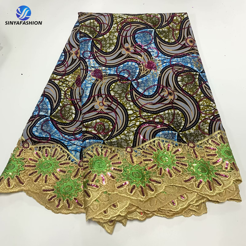 High Quality Ankara African Wax Sequins Lace Fabric Beautiful Women Party Cotton Lace Wax Stick Embroidered Fabric