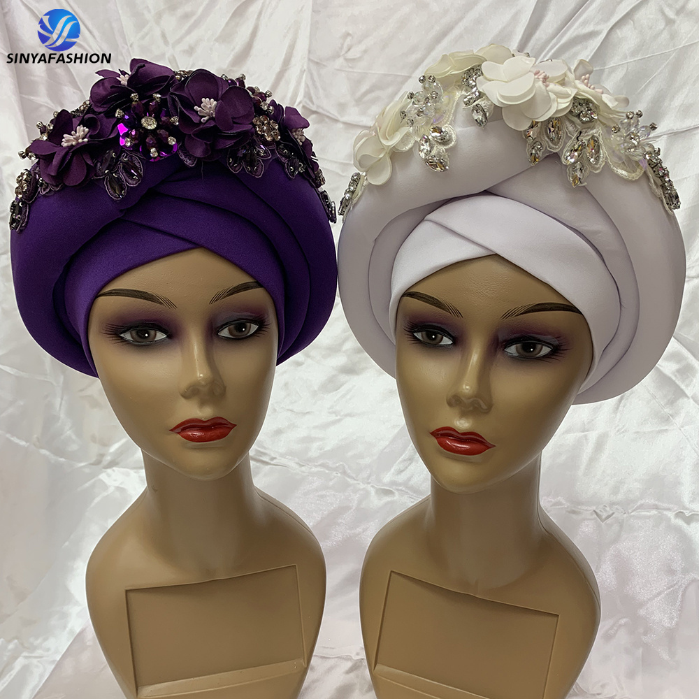 Sinya Best Selling Nigerian Turban Hat African Flower Designs Crystal Auto Gele Headtie For Women Wear Head Wrap