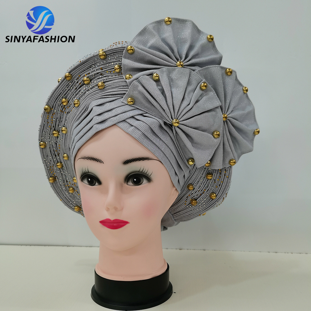 Nigerian Gele Aso Oke Plain Color Aso Oke Headtie Hot Selling African Auto Gele Headtie With Stones Beads