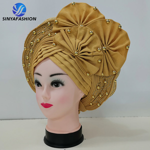 Nigerian Gele Aso Oke Plain Color Aso Oke Headtie Hot Selling African Auto Gele Headtie With Stones Beads