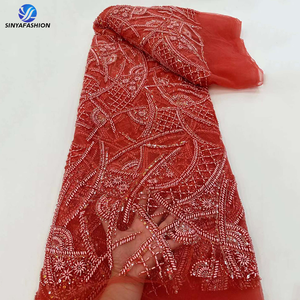 Sinya New Beads Embroidery Beaded Lace Fabrics For Women Luxury Sequins Lace Fabric African Luxury Lace Fabric