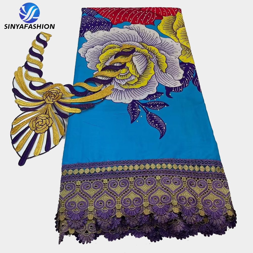 Sinya 2023 High Quality Fashion Embroidery Stones Nigerian Ankara Guipure Cord Lace African Wax Prints Fabric 6 Yards And Collar