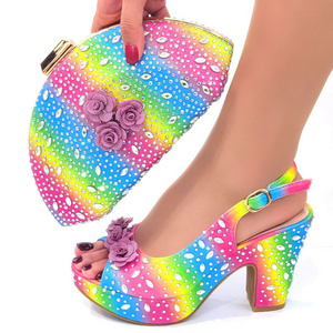 Sinya Latest Rhinestone Rainbow African Nigeria High Heels Pumps Italian Shoes And Bags Set For Women