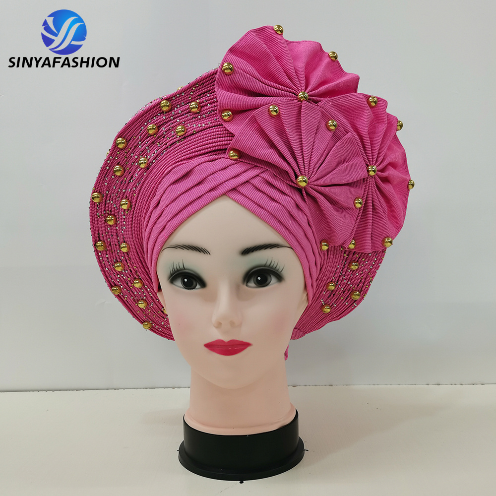 Nigerian Gele Aso Oke Plain Color Aso Oke Headtie Hot Selling African Auto Gele Headtie With Stones Beads