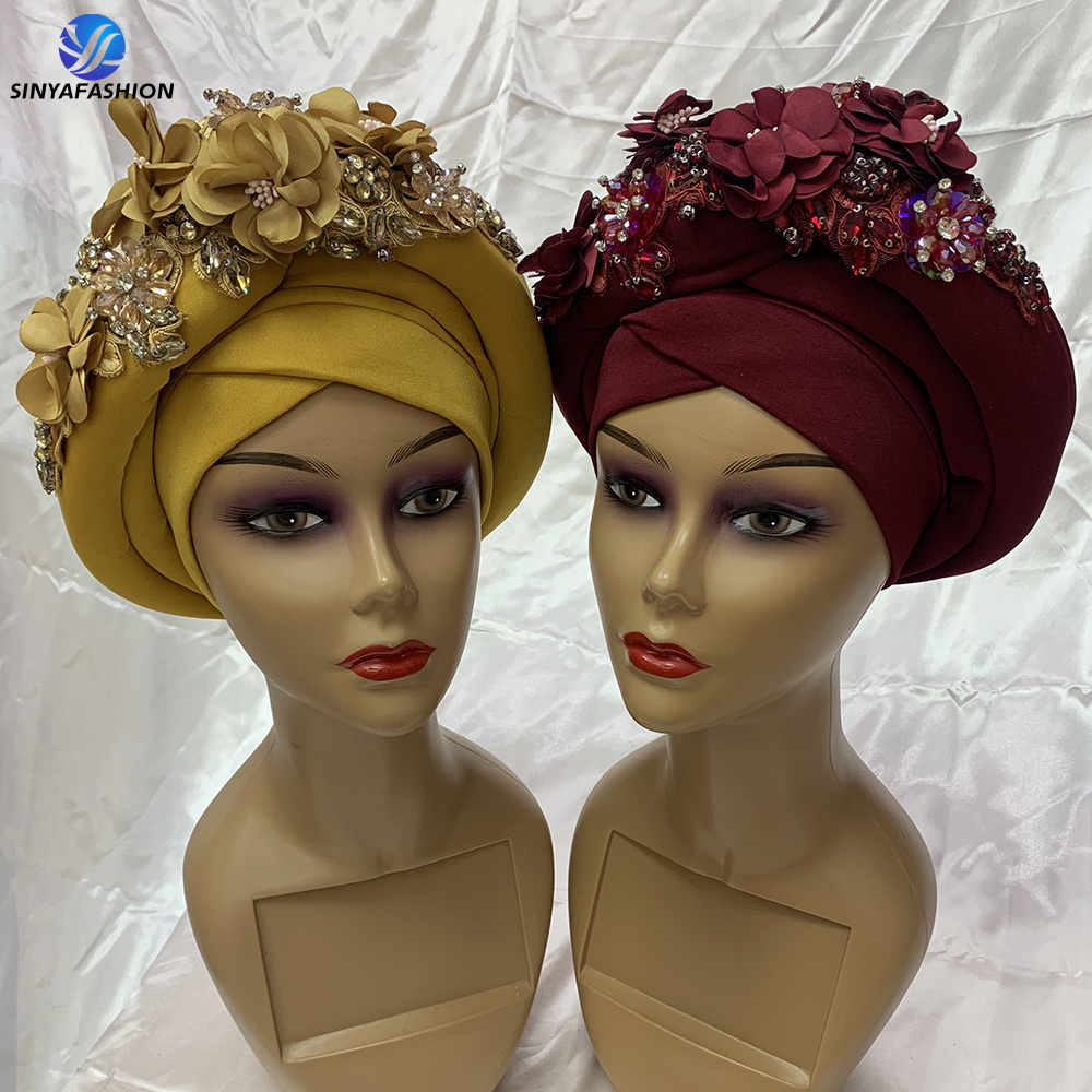 Sinya Best Selling Nigerian Turban Hat African Flower Designs Crystal Auto Gele Headtie For Women Wear Head Wrap