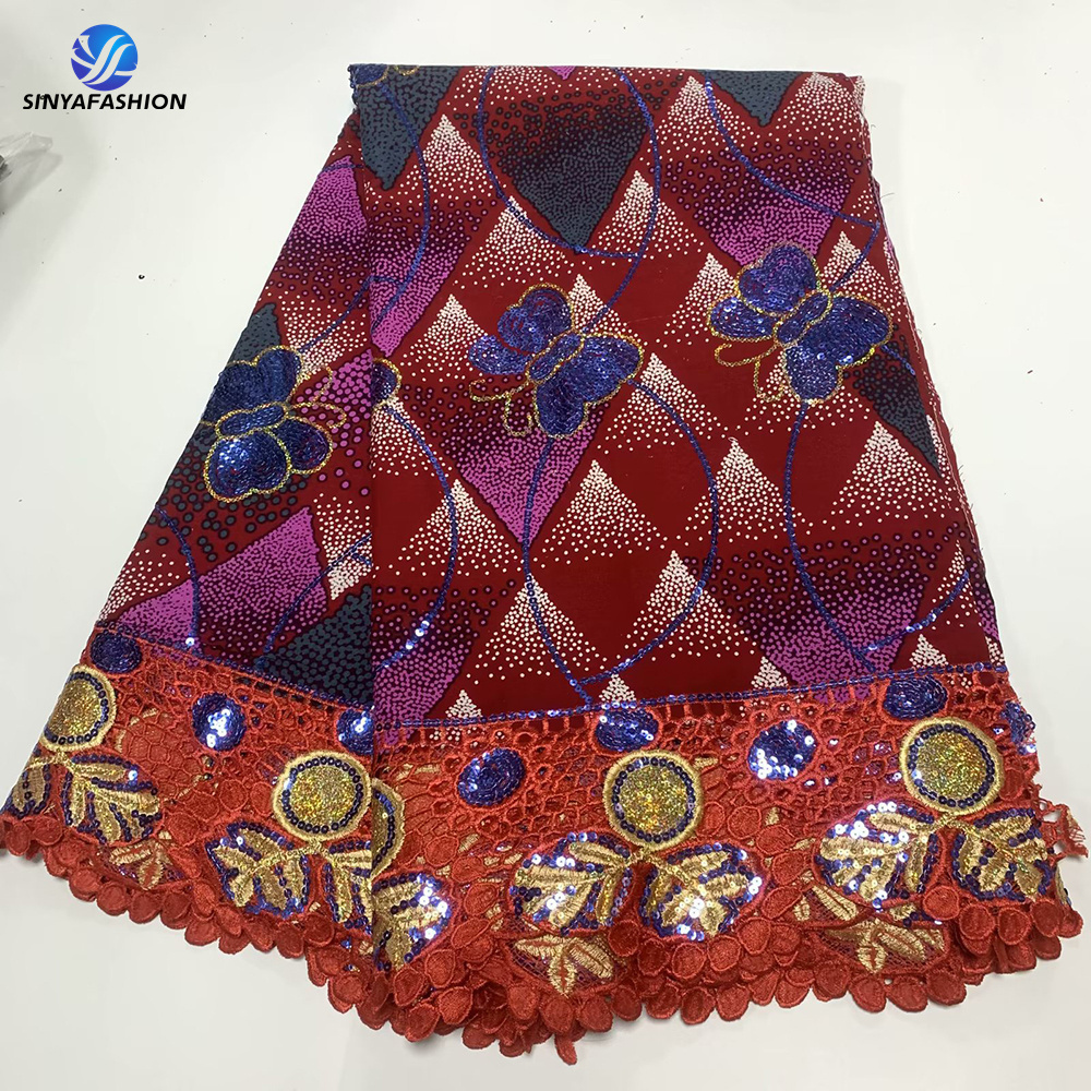 High Quality Ankara African Wax Sequins Lace Fabric Beautiful Women Party Cotton Lace Wax Stick Embroidered Fabric