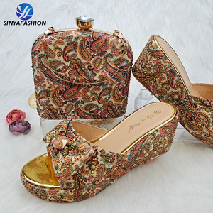 Sinya New Product Luxury Beads Gold Italian Style Ladies Matching Shoes And Bags Set For African Women Party Wedding