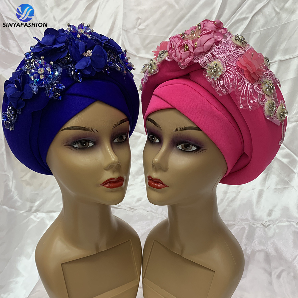 Sinya Best Selling Nigerian Turban Hat African Flower Designs Crystal Auto Gele Headtie For Women Wear Head Wrap