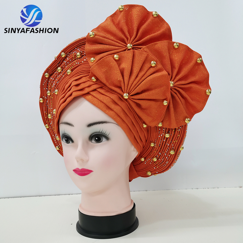 Nigerian Gele Aso Oke Plain Color Aso Oke Headtie Hot Selling African Auto Gele Headtie With Stones Beads