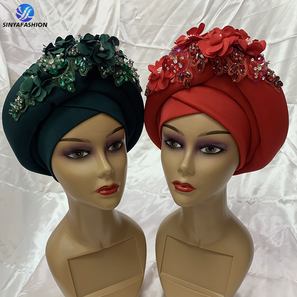 Sinya Best Selling Nigerian Turban Hat African Flower Designs Crystal Auto Gele Headtie For Women Wear Head Wrap