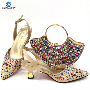 Sinya New Fashion High Heels Shoes  Bag Ladies Shoes Bag Set Women Shoes With Sequins Stones Wedding Party