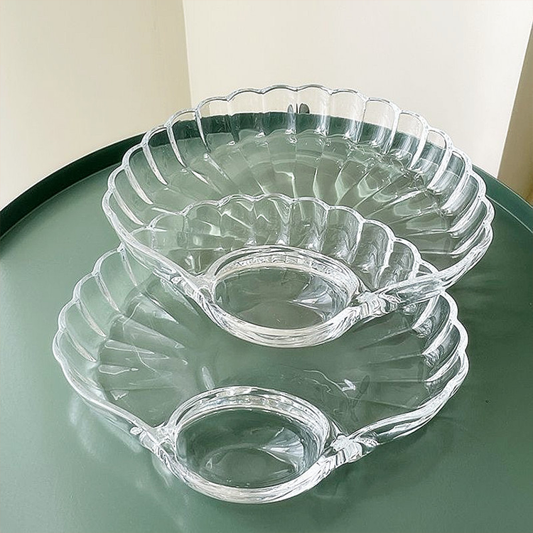 Lovely design shell shape Dumpling tray with dipping dish clear glass snack fruit plate for kitchen