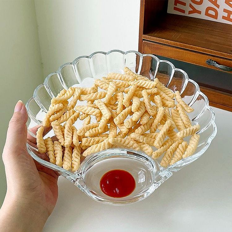 Lovely design shell shape Dumpling tray with dipping dish clear glass snack fruit plate for kitchen