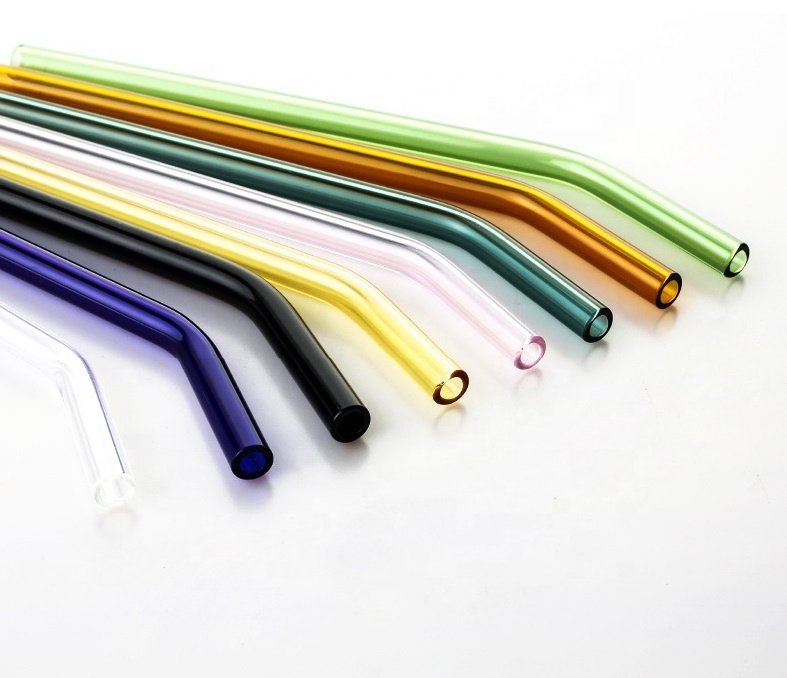 Wholesale High Quality Reusable Borosilicate Straight And Bent Color Glass Straws With Cleaning Brush