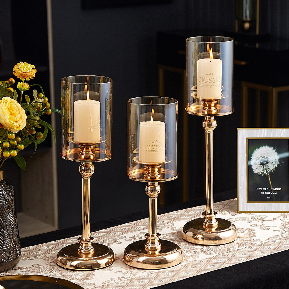 Home Decoration Living Room Glass Candle Holder glasses for candles Wedding Centerpieces Table Gold Metal Candlesticks