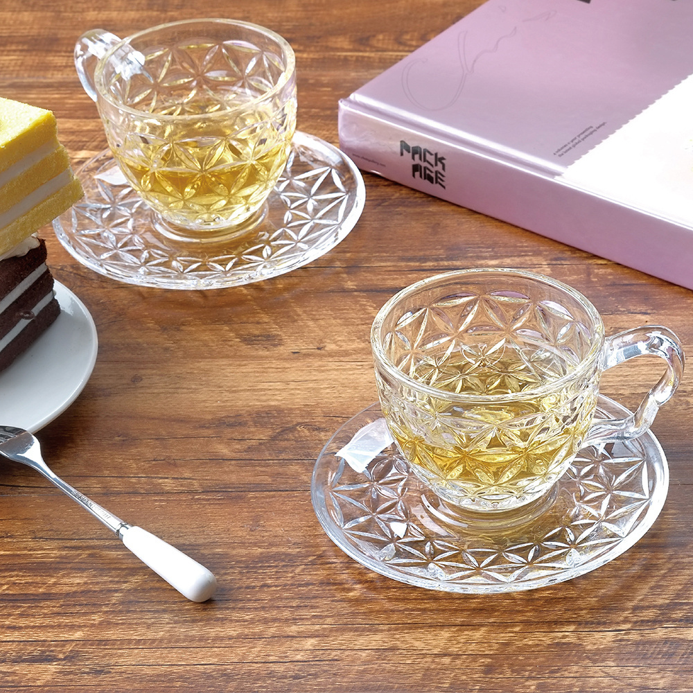 Hot Selling Cute Exquisite Custom Unbreakable Glass Cup Saucer Set Water Drinking Glass Tea Cup Set