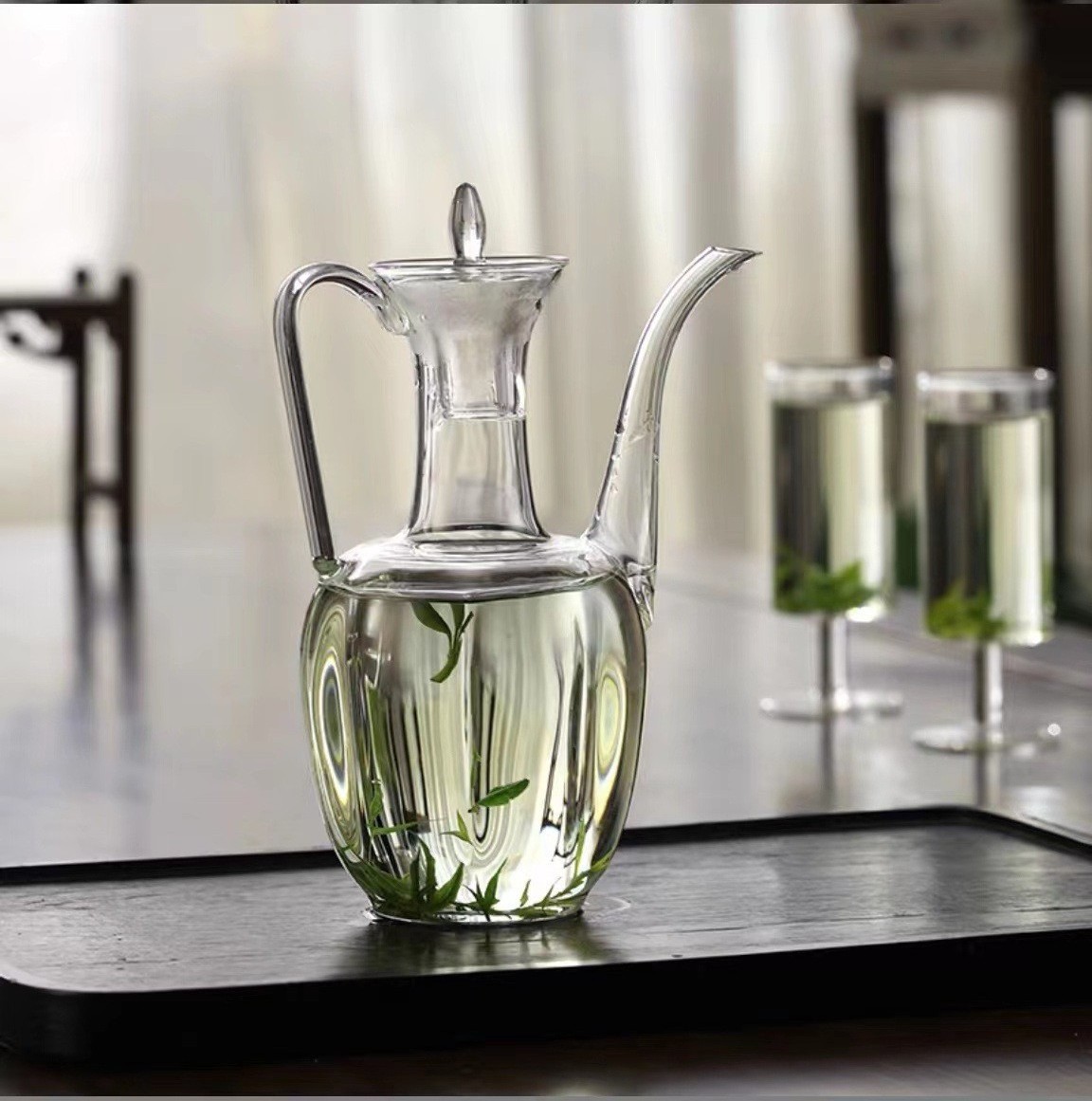 Transparent Fashion Green Glass Teapot High borosilicate Heat-resistant Brewing Retro Glass Tea Pot Set With Cup