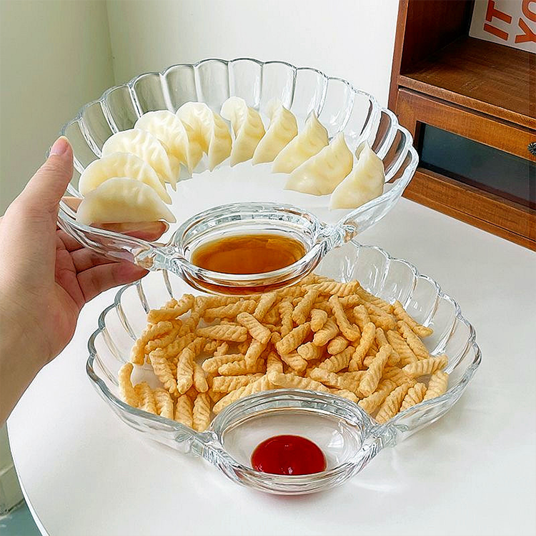 Lovely design shell shape Dumpling tray with dipping dish clear glass snack fruit plate for kitchen