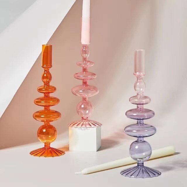 New Arrival Unique Product Glass Candle Holder Retro Colorful Geometric Glass candle Candlestick Holders for Centerpieces