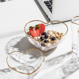 High Selling Home Cute Salad Dessert Cup Heart Shaped Bowl Hammered Gold Rim Glass Salad Bowl