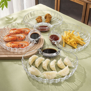 Lovely design shell shape Dumpling tray with dipping dish clear glass snack fruit plate for kitchen