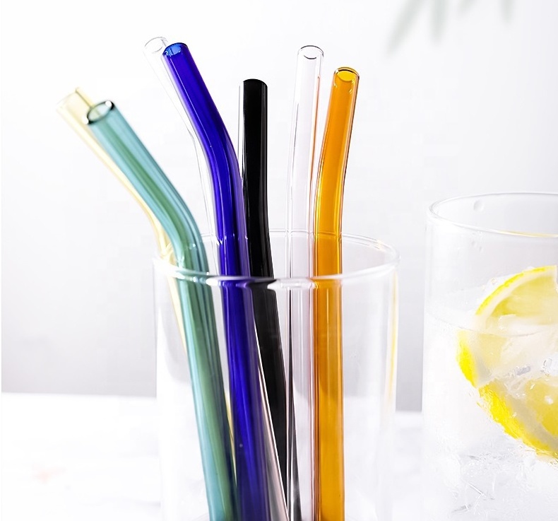 Wholesale High Quality Reusable Borosilicate Straight And Bent Color Glass Straws With Cleaning Brush