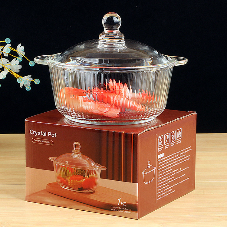 Clear glass pot wholesale price 800ML vertical with lid fruit salad bowl kitchenware small size soup pot