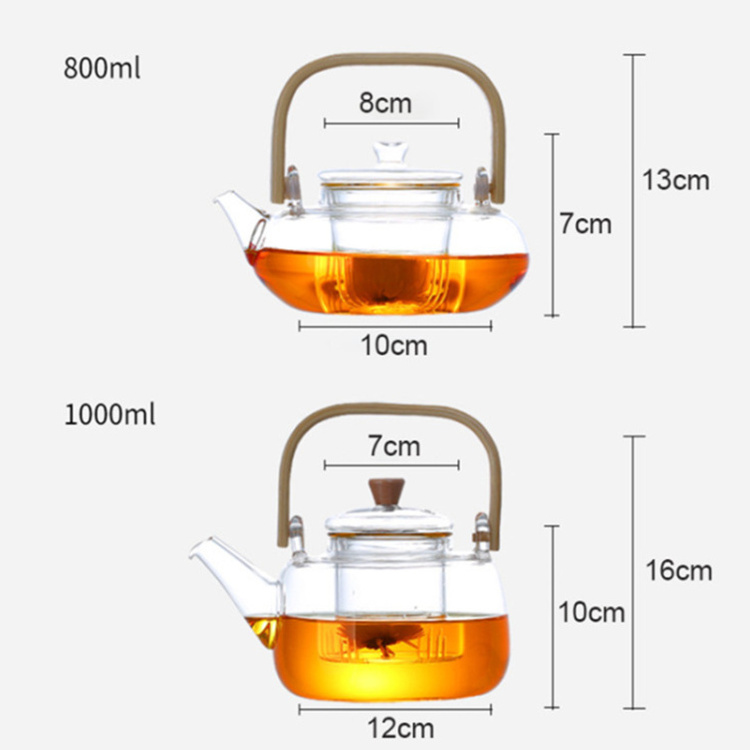 0.8/1L High-quality Hot Selling Heat Resistant Tea pot Clear Bamboo handle Glass Tea Kettle