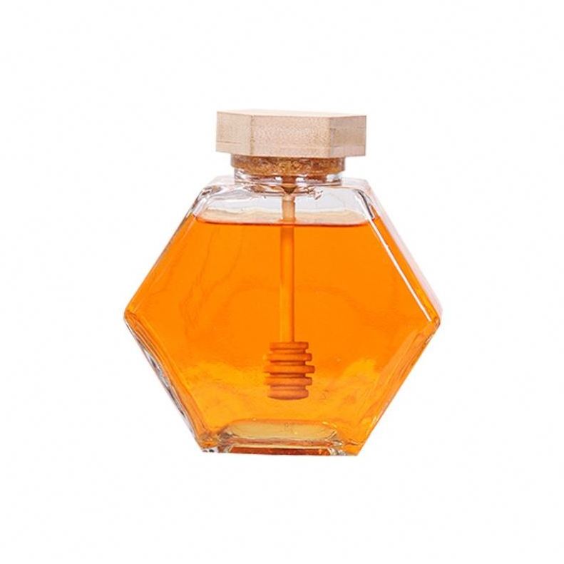 High Quality 100ml/ 220ml/380ml Storage Stick Spoon Hexagon Container  with Wooden Lid Honey Bottle Glass Jar