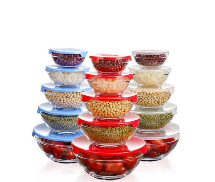 Factory 5pcs Hot Sale eco friendly Round Home Decor Clear Heat Resistant With Lid Fruit Salad Food Glass Bowl Set