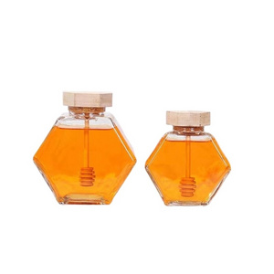 High Quality 100ml/ 220ml/380ml Storage Stick Spoon Hexagon Container  with Wooden Lid Honey Bottle Glass Jar