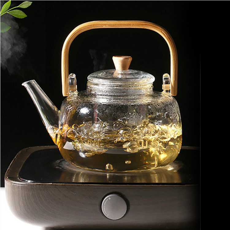 0.8/1L High-quality Hot Selling Heat Resistant Tea pot Clear Bamboo handle Glass Tea Kettle