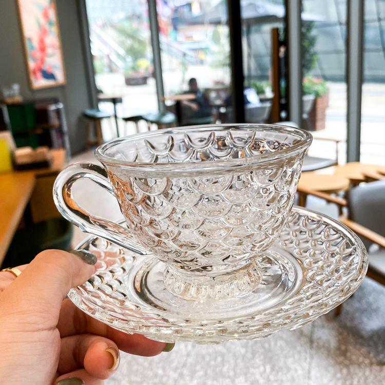 Newest Hot Selling ins vintage Home afternoon glass fish scale Mug with Handle tea cup Saucer Set