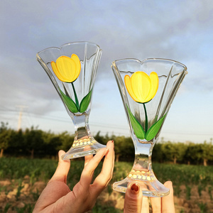 French hand-painted tulip ice cream vintage Flower Wine Glasses Cocktail Drinkware Glass Drink Cup Retro goblet