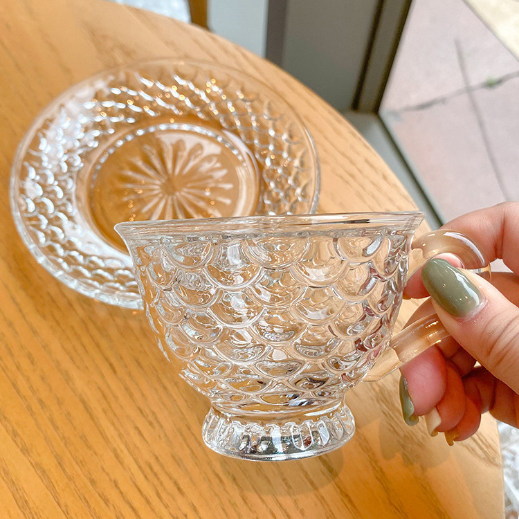 Newest Hot Selling ins vintage Home afternoon glass fish scale Mug with Handle tea cup Saucer Set