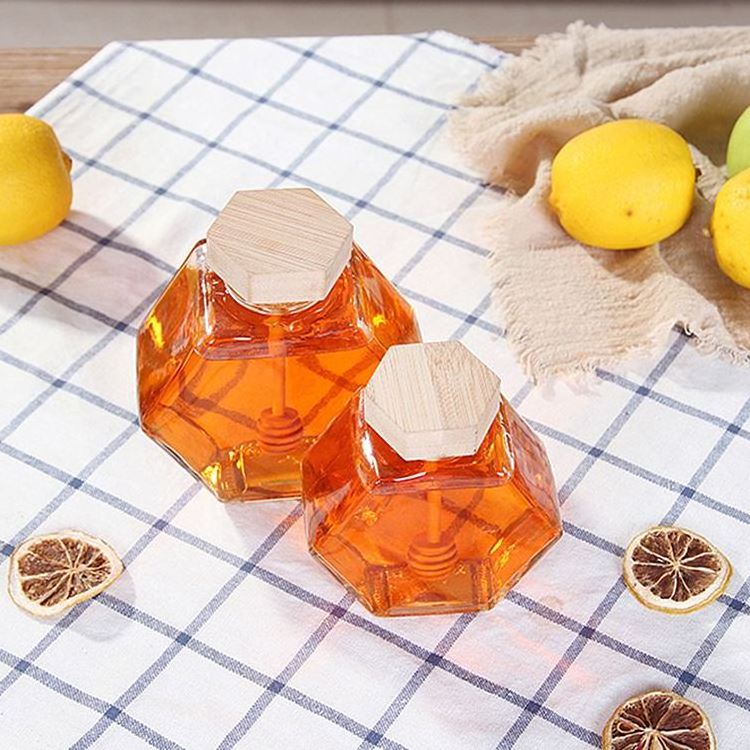 High Quality 100ml/ 220ml/380ml Storage Stick Spoon Hexagon Container  with Wooden Lid Honey Bottle Glass Jar