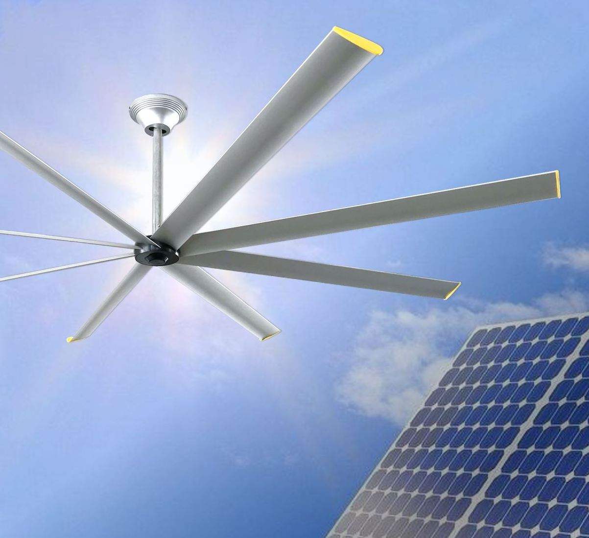 Big Wind 10ft Solar Powered DC Direct Drive 5 Speeds High Volume Industrial Workshop Ceiling HVLS Fan for Cooling Air