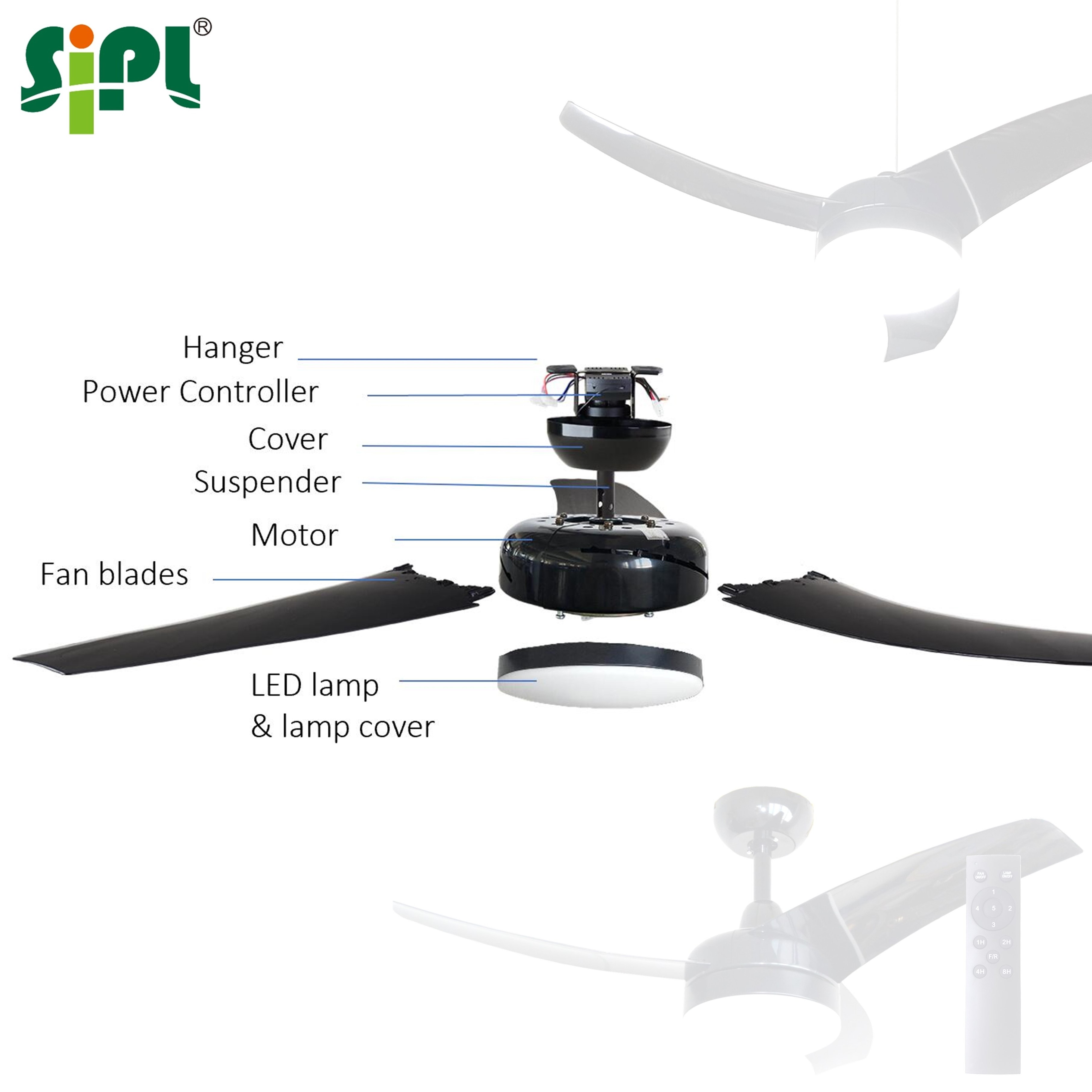 Industrial Ventilation Ceiling Fan with LED Light DC Electric Energy Saving Solar Battery Powered Day-Night Cooling 42' Roof Fan